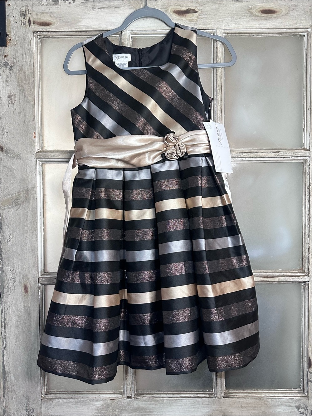 Bonnie Jean Girls Size 14 Metallic Stripe Party Dress Black Gold Silver NWT